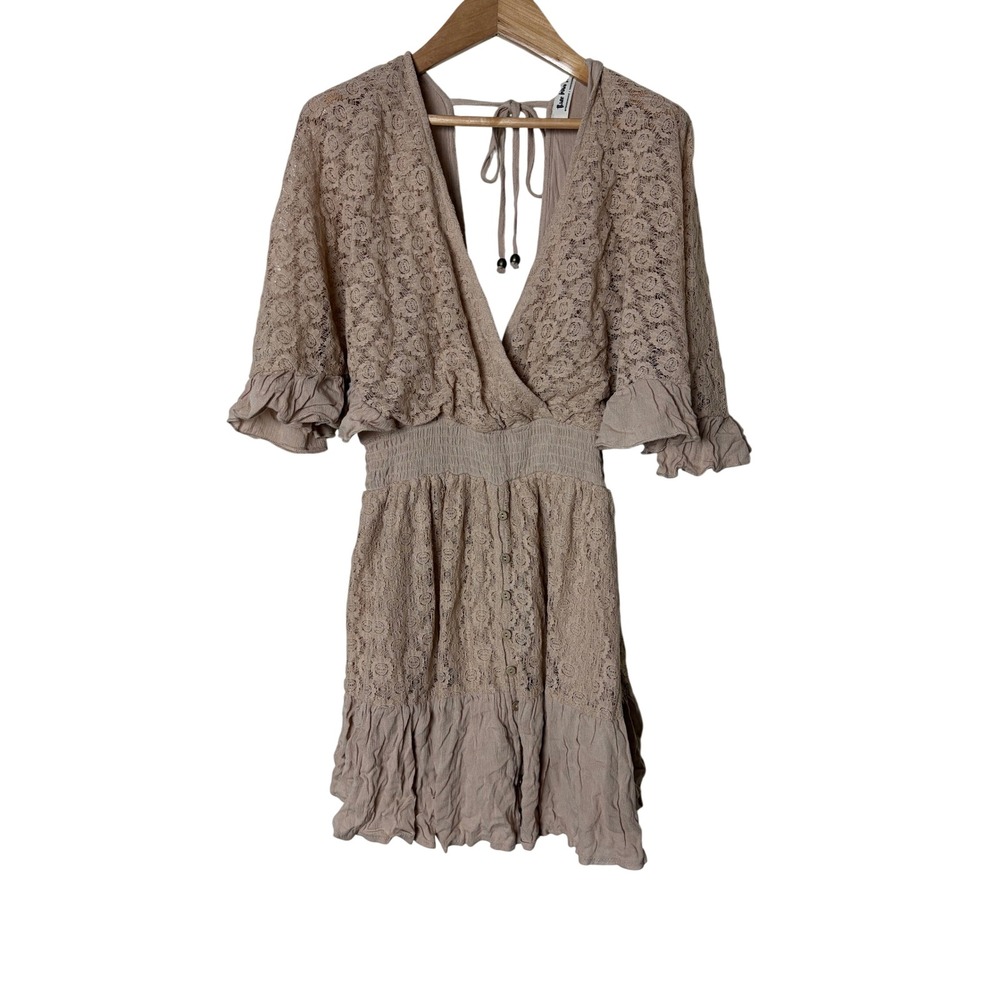 Three Bird Nest Tan Lace Mini Dress Boho Smocked Waist Open Back Womens Medium